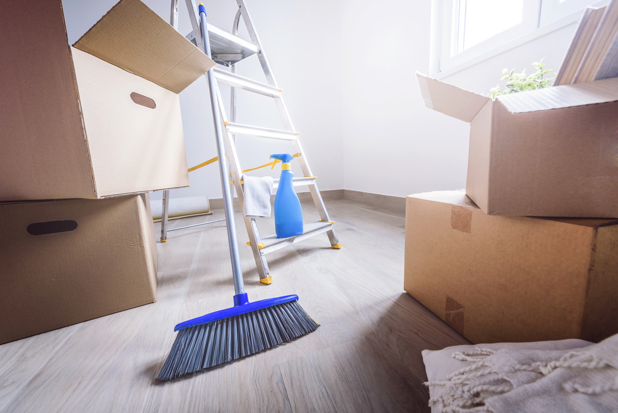 Cardboard boxes and cleaning things for moving into new home